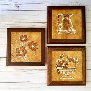 Vintage Brown Tile Trivet / Wall Hangings (Floral, Fruit & Pitcher) - Set of 3